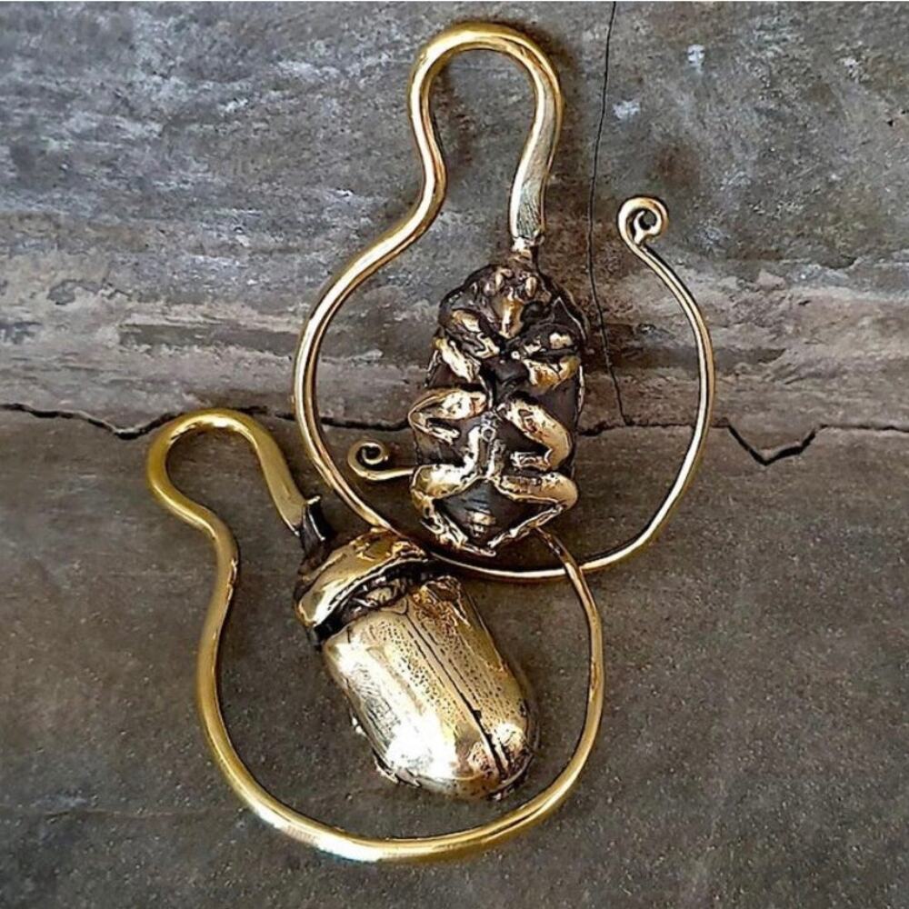New PAIR 6g/8g Brass Ear Weights Scarab Beetle Wax Cast Tribal Sealed BAF Hanger